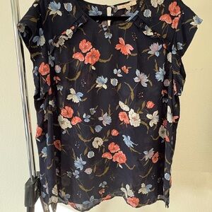 Floral Ruffle Sleeve Blouse in Navy